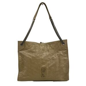 SAINT LAURENT Niki Large YSL Shopper Tote Bag in Crinkled Leather Light Taupe